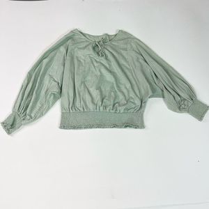 Anthropologie Blouse Women's Large Mint Green Elastic Waist Smocked Tie At Neck